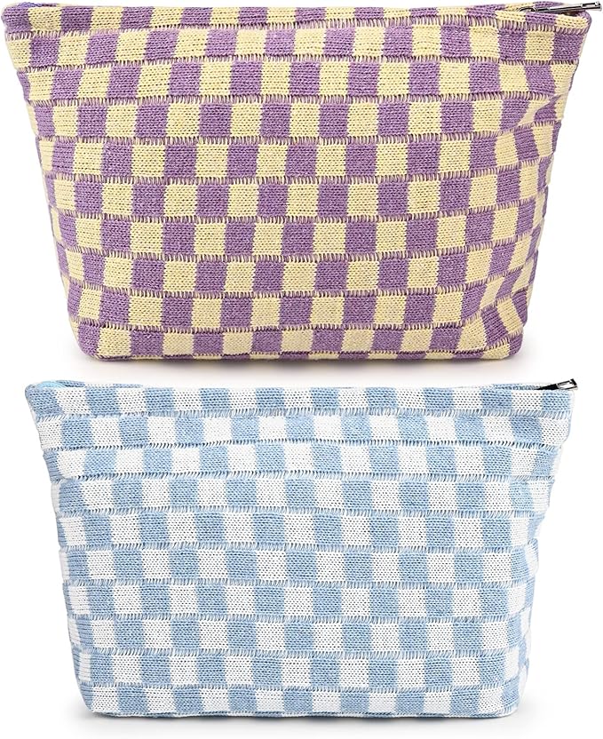SOIDRAM 2 Pieces Makeup Bag Large Checkered Cosmetic Bag Capacity Canvas Travel Toiletry Bag Organizer Cute Makeup Brushes Aesthetic Accessories Storage Bag for Women,Checkered L Purple Light blue by SOIDRAM