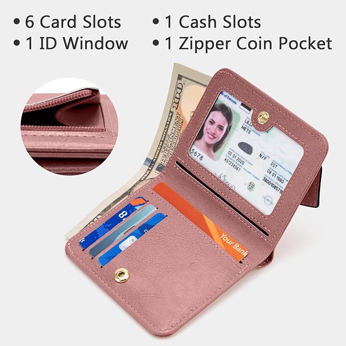 Gostwo Small Wallet for Women, Slim Bifold Credit Card Holder, Compact RFID Blocking Cash Wallet, Billfolds Thin Leather Zipper Pocket, Mini Wallet Gift for Ladies Teen Girls Travel with ID Window - Image 3