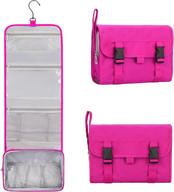 Relavel HangingTravel Toiletry Bag for Women, Large Capacity Toiletries Bag, Travel Essentials Organizer, Hanging Makeup Case for Accessories, Waterproof Bathroom Shower Bag (hot pink) by Relavel