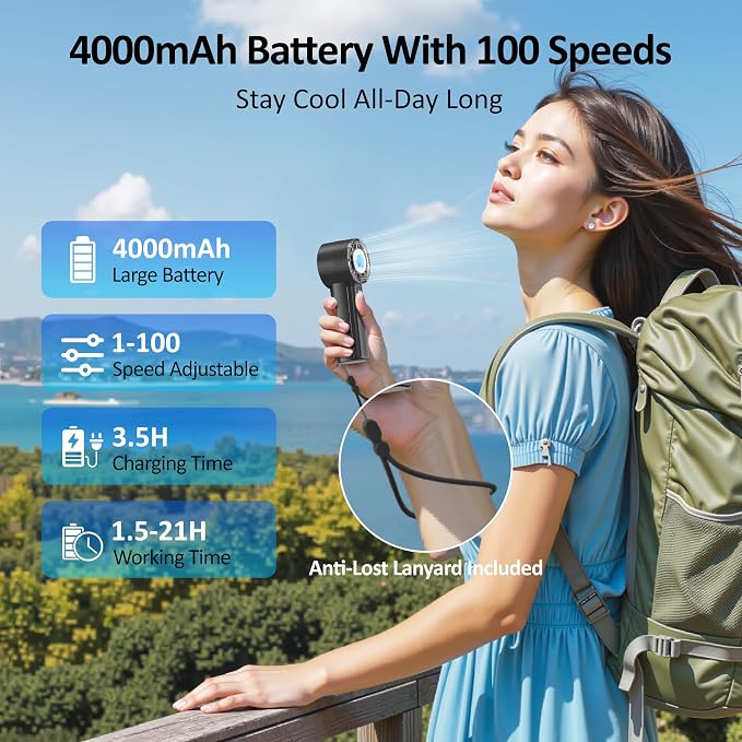 Handheld Fan with Ice Cooler, Mini Portable Fan Rechargeable, 18Hrs Cooling, 0-100 Adjustable Speed, Small Yet Powerful, Personal Hand Fans for Travel, Beach, Outdoor, Makeup, Gifts for Women - Image 4