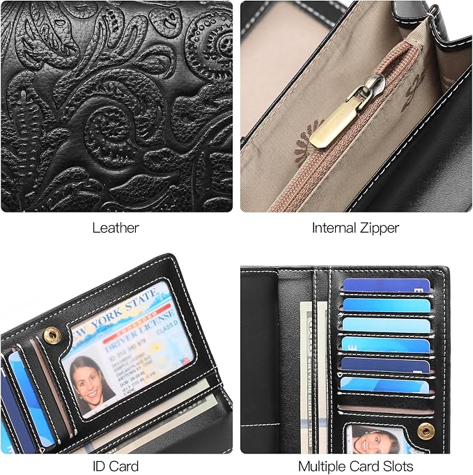 GOIACII Leather Wallets for Women RFID Blocking Western Clutch Black | Embossed Design, Trifold, Large Billfolds, Vintage Flower, Ladies Purses with Zipper Coin Pocket - Image 6