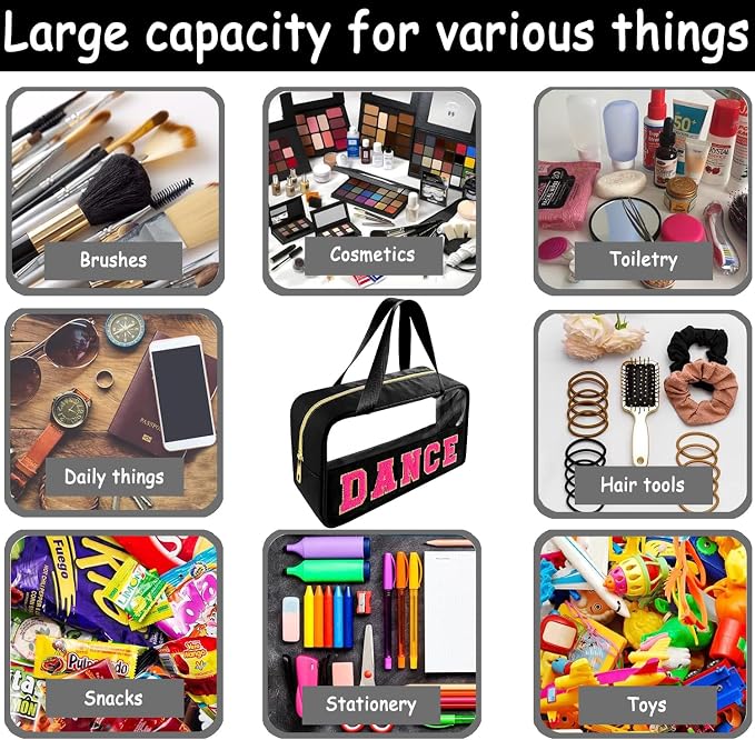 Bunliuys Chenille Letter Clear Makeup Bag Dance Patch, Travel Toiletry Makeup Bag with Handle, Nylon Waterproof Makeup Bags clear cosmetic bag, preppy patch makeup bag for Women (DANCE-Black) - Image 5