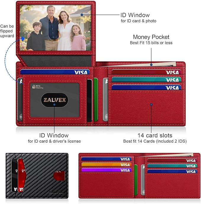 Wallet for Men Slim RFID Blocking Leather Credit Card Holder Wallet for 14 Cards, Bifold Minimalist Thin Wallet with 2 ID Windows & Cash Slot, Front Pockt Carteras Para Hombres, Birthday Gifts for Men | 14 Cards Bifold Minimalist Thin Wallet with 2 ID ... - Image 2