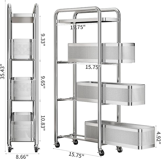 4-Tier Slim Storage Cart with 3 Slide-Out Drawers, 6.3" Sturdy Stainless Steel Rolling Utility Cart Organizer for Narrow Space, Kitchen, Bathroom, Laundry Room, Pantry, Stable & Rustproof - Image 2