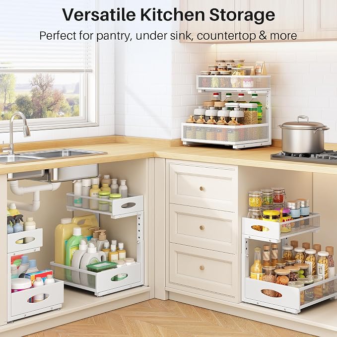 Under Sink Organizer, 2 Tier Pull Out Under Cabinet Organizer Shelf with Pad for Framed Cabinets, Metal Slide Out Under Sink Storage, Mesh Sliding Drawers for Kitchen Bathroom Laundry(White, 1 Pack) - Image 8