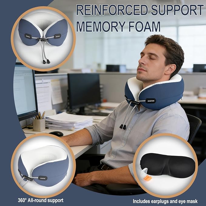 Travel Neck Pillow, Memory Foam Airplane Pillow for Long Flights | Pure memory foam, adjustable fit, washable velvet cover, eye mask, earplugs and carry case for flights, cars and office naps - Image 2