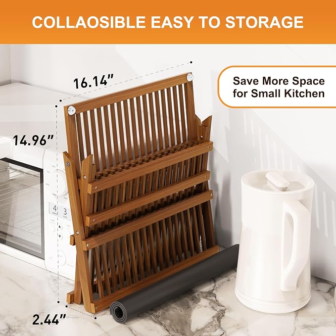 Greenual Teak Dish Drying Rack with Utensil Holder, 3 Tier Collapsible Dish Rack, Wooden Dish Racks for Kitchen Counter, Large Folding Drying Holder with Absorbent Dish Drying Mat - Image 4