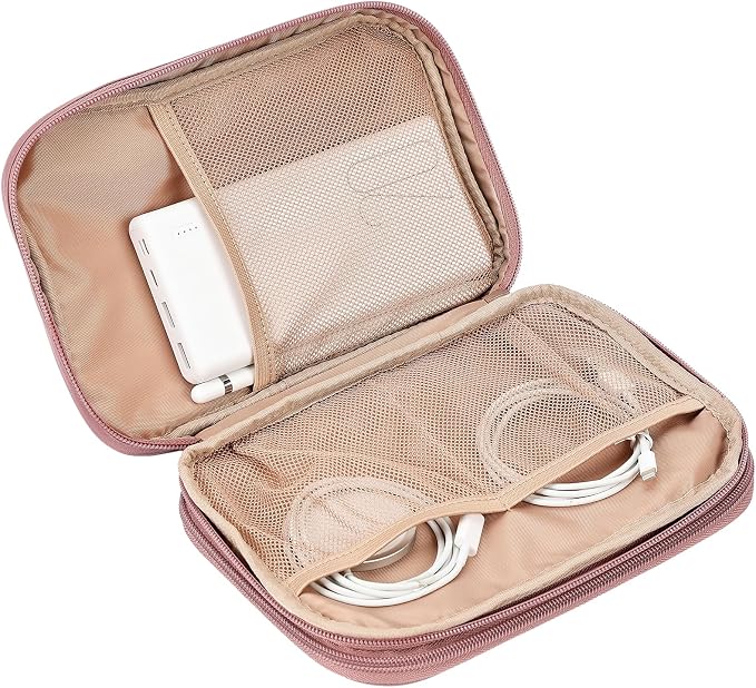 NISHEL Electronics Travel Organizer Cord Case, Charger Cable Tech Bag | Double-layer bag keeps chargers, cables, flash drive, and small tech essentials organized for trip, Large, Rose-wood - Image 4