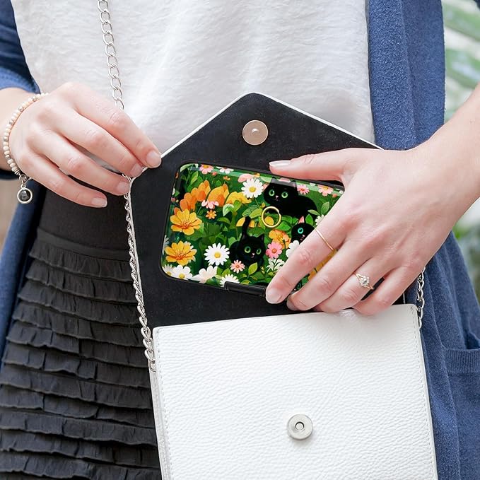 Mayski Credit Card Holder for Women RFID Blocking Wallet, Black Cat Flower | Card Wallets for Women Small Mini Business Metal Accordion Aluminum Alloy Hard Case for Men - Image 7