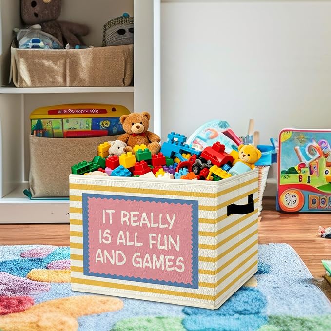 Playroom Positive Uplifting Storage Bins Box with Handles Organizer Basket | encouraging foldable basket for organizing, yellow striped collapsible toys clothes for playroom nursery bedroom, 10x14 in - Image 2