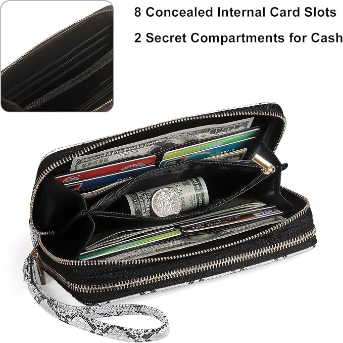 Double Zipper Wallet for Women That Hold Big Cell Phone with 17 Card Slots and Coin Pocket, RFID Blocking Anti Theft, Snakeskin - Image 4