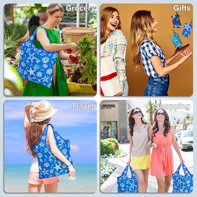 HOLYLUCK Reusable Grocery Bags,Heavy Duty Foldable Shopping Tote Bag (Standard, 3 Starfish) - Image 2