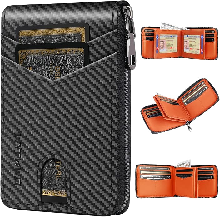 Men’s RFID Blocking Zipper Large Dimensions Wallet with 2 ID Windows - Large Capacity Design, 13 Credit Card Slots by LATKWO
