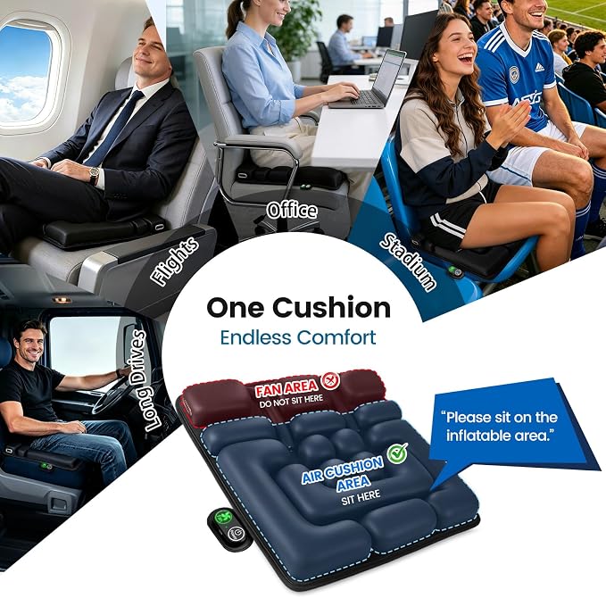 Inflatable Travel Seat Cushion for Airplane with Dual Fans,Ergonomic Design | 3-Speed Ventilated Travel Cushion Airplane Seat, Portable Airplane Seat Cushion for Long Flights, Office, Wheelchair - Image 9