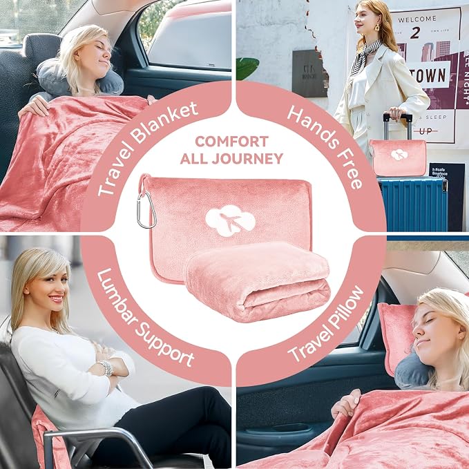 Travel Blanket and Pillow Compact, Premium Soft 2 in 1 Airplane Blanket with Soft Bag Pillowcase，Hand Luggage Sleeve and Backpack Clip (Solid Pink) - Image 7