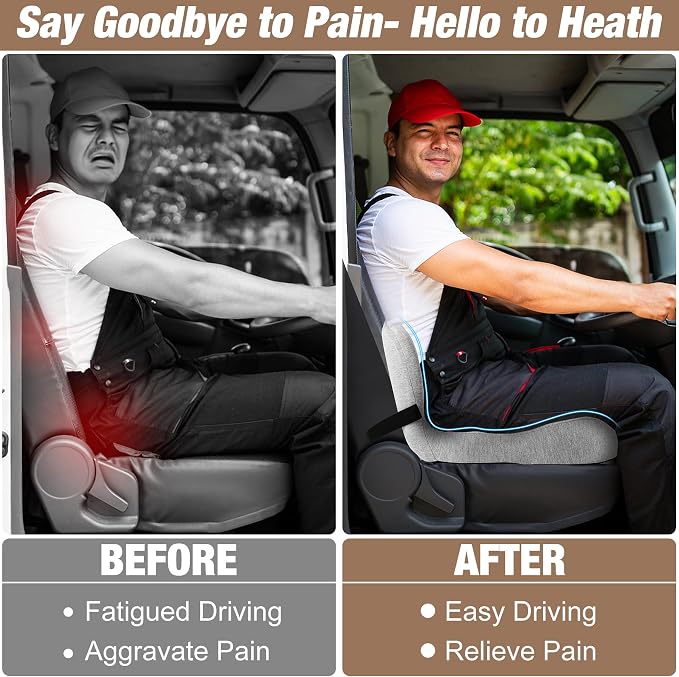 Truck Seat Cushion, Memory Foam Trucker Seat Cushion for Truck Driver Long Sitting with Adjustable Strap, Back Support and Pain Relief for Trucker Driving Office Chair and Pain, Light Gray - Image 7