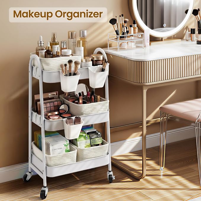 3-Tier Rolling Utility Cart with 4 Woven Baskets, Diaper Book Snack Cart, Storage Organizer for Nursery, Kitchen, Craft Room, Home SPA, Living Room, Metal Frame Trolley on Lockable Wheels, White - Image 6