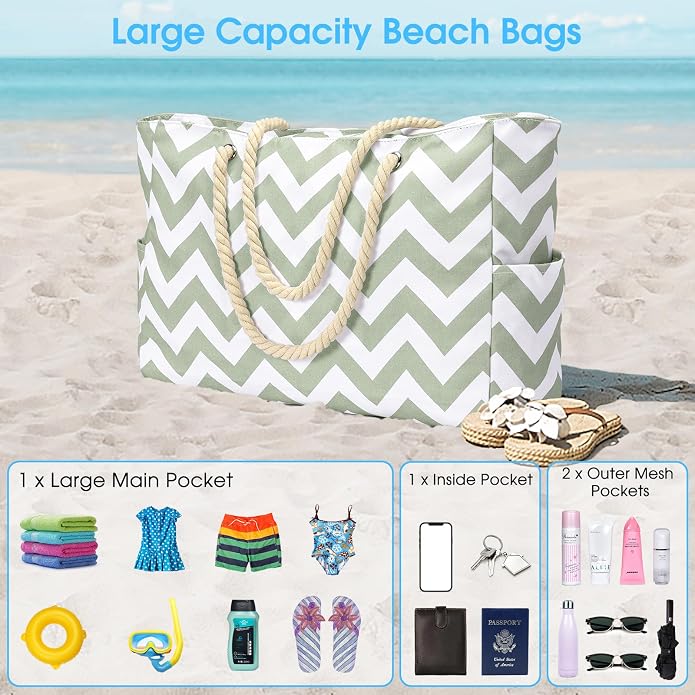 Becokan Beach Bags for Women Large Waterproof Beach Tote Bag Zipper Beach Bags Waterproof Sandproof Swim Pool Bag Large Tote - Image 7