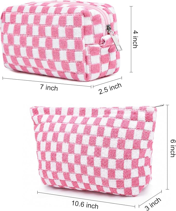 SOIDRAM 2 Pieces Makeup Bag Large Checkered Cosmetic Bag Capacity Canvas Mix Travel Toiletry Bag Organizer Cute Makeup Brushes Aesthetic Accessories Storage Bag for Women, Pink checkered - Image 4