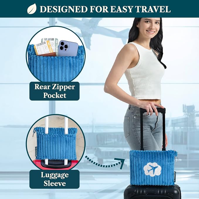 PAVILIA Travel Blanket and Pillow, Soft Ribbed Fleece Airplane, Teal Blue | 65x40, Compact Packable Plane Throw with Bag, Luggage Strap and Back Pocket, Cozy Flight Essentials Travelers Camping Gift - Image 3