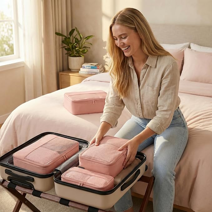 4 Piece Compression Packing Cubes for 3–7 Day Travel, Dusty Pink | Wrinkle-Resistant Memory Fabric, Breathable Mesh Panel, Double-Zipper, Small to Large Size Bag, Smart Organization - Image 7