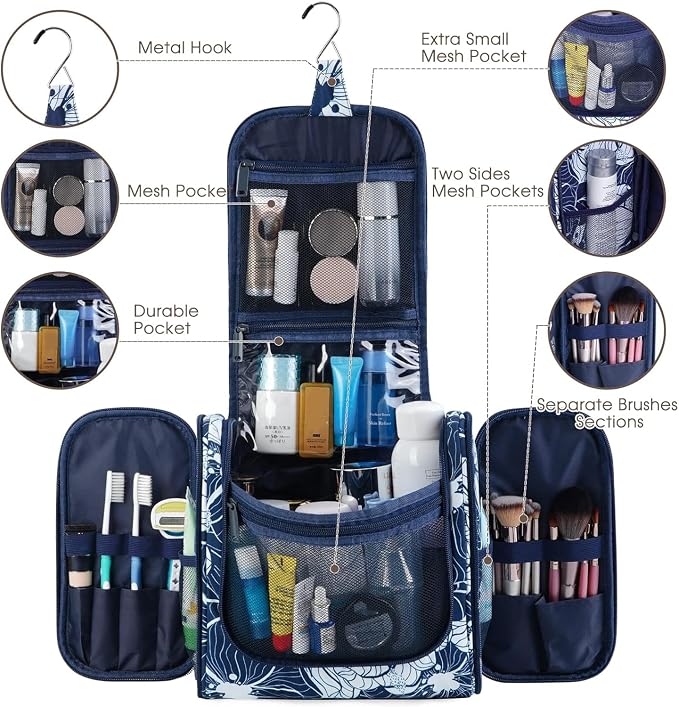 Narwey Hanging Toiletry Bag for Women Travel Makeup Bag Organizer Toiletries Bag for Cosmetics Essentials Accessories (Large, Blue Lotus) - Image 4