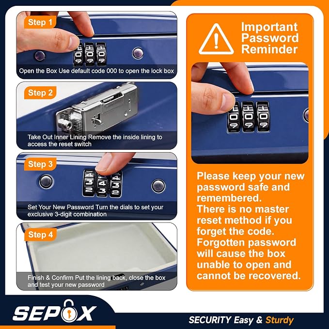 SEPOX® Water Fire Guard Steel Lock Box 3-Ft Security Cable Resettable Combo | For Travel Home Office Dorm Water Fire Guard Steel Lock Box Resettable Code 3-Ft Steel Cable Keyless Portable Small Safe Size - Image 4