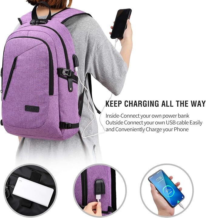 WENIG Laptop Backpack for Women,Business Backpack Anti-Theft Backpack with USB Charging Port and Lock 15.6 Inch Computer Backpacks for Women Men,Purple - Image 2