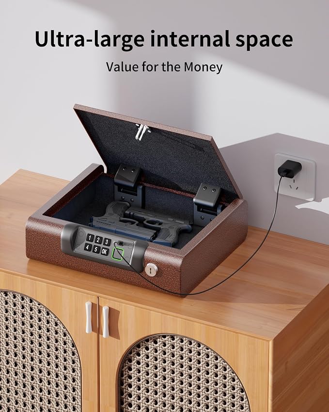 BILLCONCH Gun Safe,Biometric Fingerprint Gun Safe for Handgun Pistol Safes | Fingerprint PIN Key Unlock, Interior Light and USB Charging Lock box with Silent Mode for Bedroom Nightstand - Image 4
