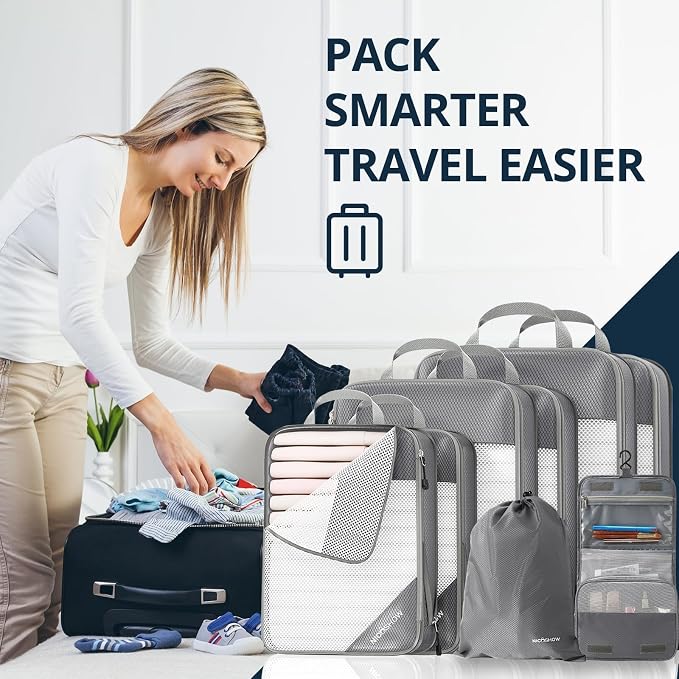 Compression Packing Cubes 8 Set, Compressible Space-Saving Packing Cubes for Travel - Compression Bags, Luggage Organizer, Travel Essentials for Women, Beige - Image 7