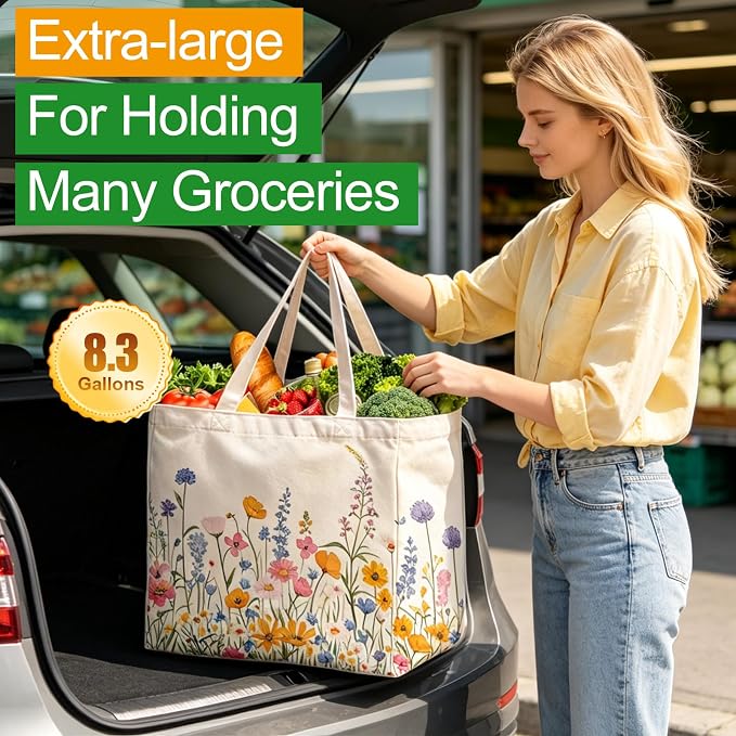 Aesthetic Canvas Reusable Grocery Bags Heavy Duty, 8.3 gal Foldable Large Tote Bag with Handles, Holds 60 lbs & Washable Eco-friendly Bags with 5 Pockets, Beige with a print 3 Bags（Wildflowers） - Image 2