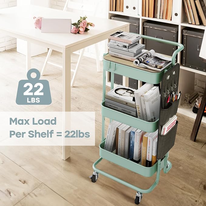 DTK 3-Tier Rolling Cart with Table Top, Metal Utility Cart with Side Bags | Tray Storage Organizer, Lockable Wheels, 4 Hooks, Art Cart for Kitchen, Bathroom, Office, Craft room, Living room, Green - Image 3