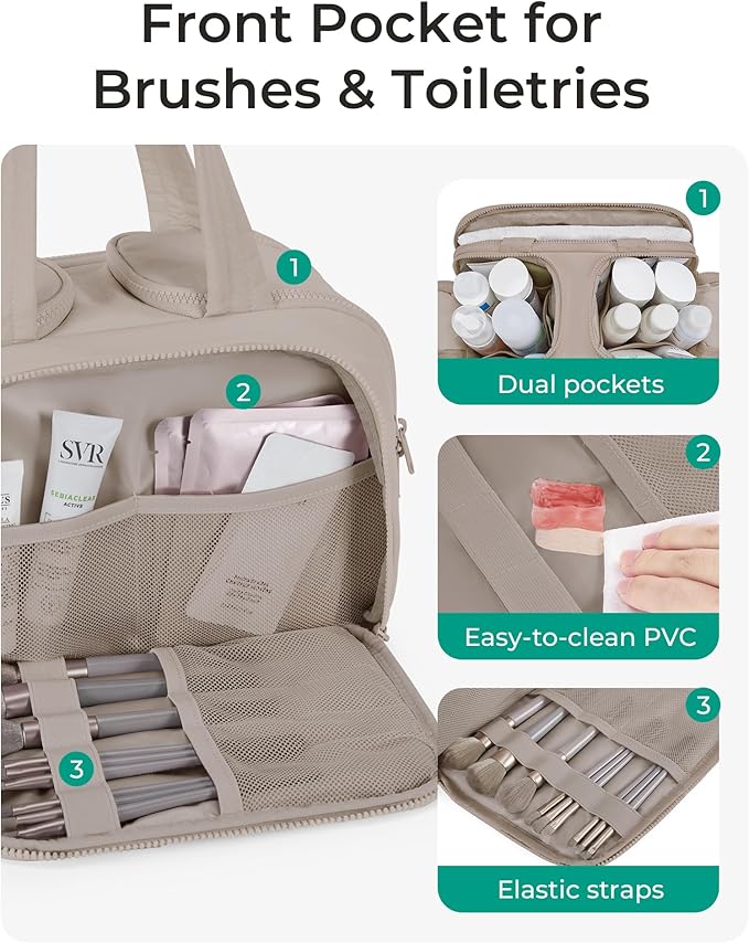 BAGSMART Travel Toiletry Bag, Crush Toiletry Bag for Women, Wide-open Puffy Toiletry Bags for Traveling, Large Travel Cosmetic Makeup Bag Organizer for Accessories,Toiletrie, Grayish Brown - Image 3