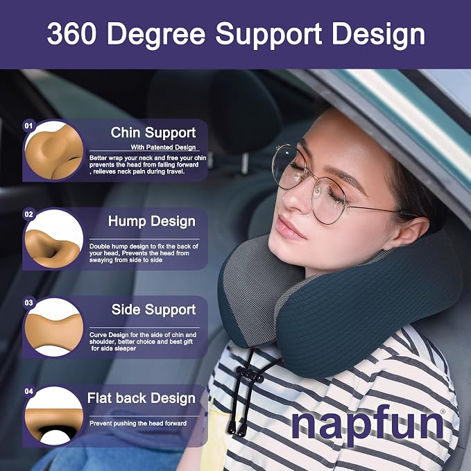 napfun Neck Pillow for Travel, Memory Foam Airplane Pillow, Deep Blue | 360° Neck Support, Upgraded 100% Memory Foam for Airplane, Car, Train, Bus, Office Sleep, Travel Essentials for Long Flights - Image 3