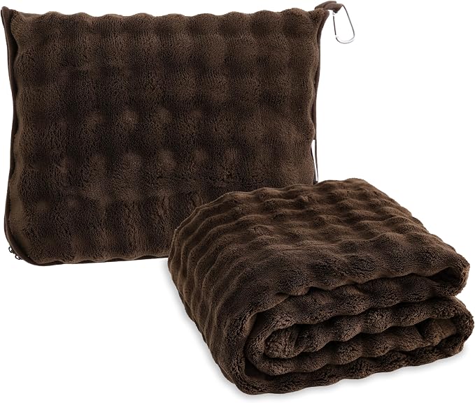 Soft Cozy Travel Blanket for Airplane Train and Car, Brown | Lightweight, Blanket or Pillow 2 in 1, Compact with Portable Bag Pillowcase, with Luggage Sleeve and Backpack Clip by SOCHOW