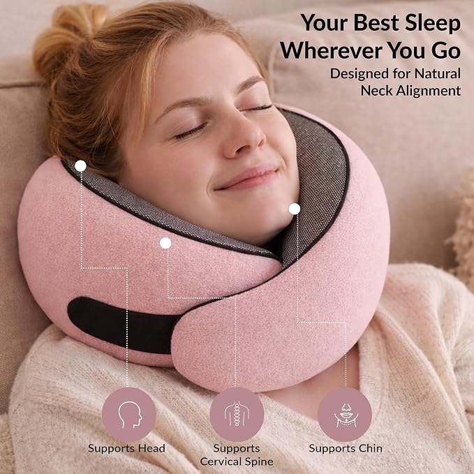 Travel Neck Pillow,Ergonomic 360° Memory Foam Support for Head, Neck. Adjustable for Long Flights. Soft &Washable Cover, EVA Box, 3D Eye Mask, Earplugs, Hair Tie & Luxury Bag (Pink) - Image 6