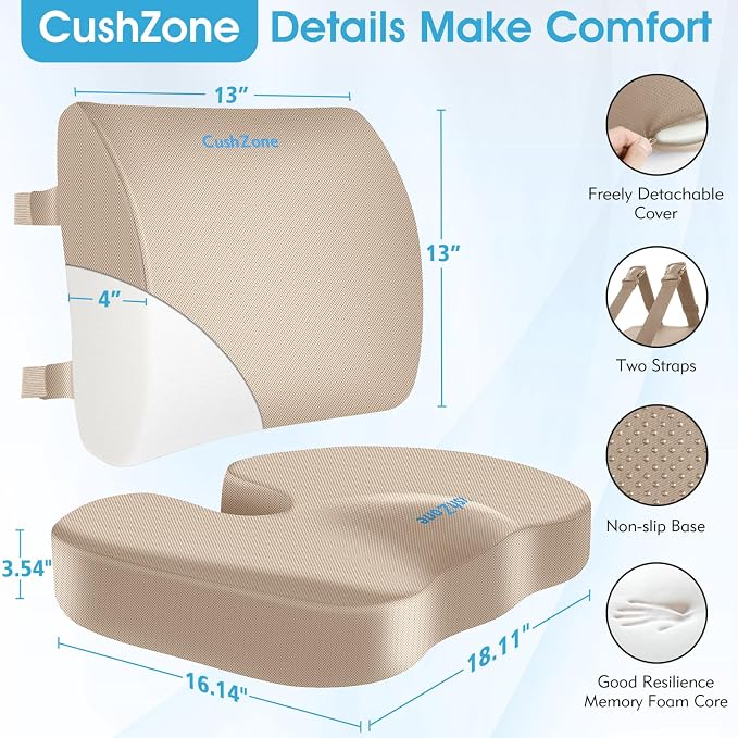 CushZone X-Large Seat Cushion and Lumbar Support Pillow for Office, Khaki | Thick Memory Foam for Sciatica Pain Relief & Posture Correction, Non-Slip Chair Cushions for Car, Wheelchair and Travel - Image 6