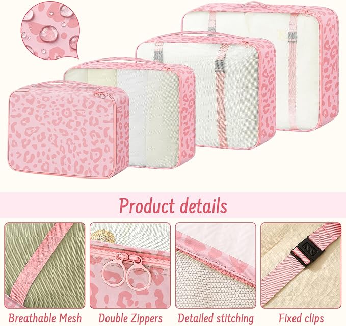 9 Set Packing Cubes for Travel Essentials - Lightweight Carry-On Luggage Organizer Bags with Shoe, Clothes & Laundry Bags for Airplane, Family & Business Travel, Pink leopard print - Image 6