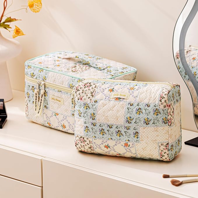 HBselect Quilted Makeup Bag, 3Pcs Cotton Large Travel Makeup Bags Organizer | Cute Floral Make up Bag Cosmetic Bag Toiletry Bag for Women Girls, Makeup Pouch for Skincare, Brushes & Travel Essentials - Image 4