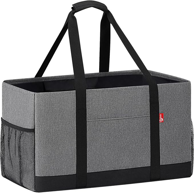 Extra Large Utility Tote Bag, Foldable Reusable Grocery Bags with Metal Wire Frame & Reinforced Bottom Board, Stand Up Large Utility Tote for Shopping, Beach Bag, Laundry, Car (Grey) by RVSNQ