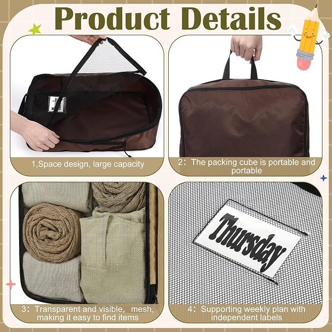 7 Pcs Packing Cubes for Travel Days of Week,Brown,Large - Image 3