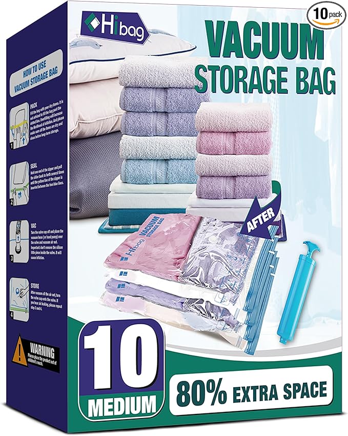Vacuum Storage Bags, 10 Medium Space Saver Vacuum Seal Bags, Space Bags, Vacuum Sealer Bags for Clothes with Travel Hand Pump (10M) | Home and Travel, Airtight Triple Seal, Save 80% Space, Hand Pump, Work with Vacuum, Double Zip, Reusable, Easy to Use by HIBAG