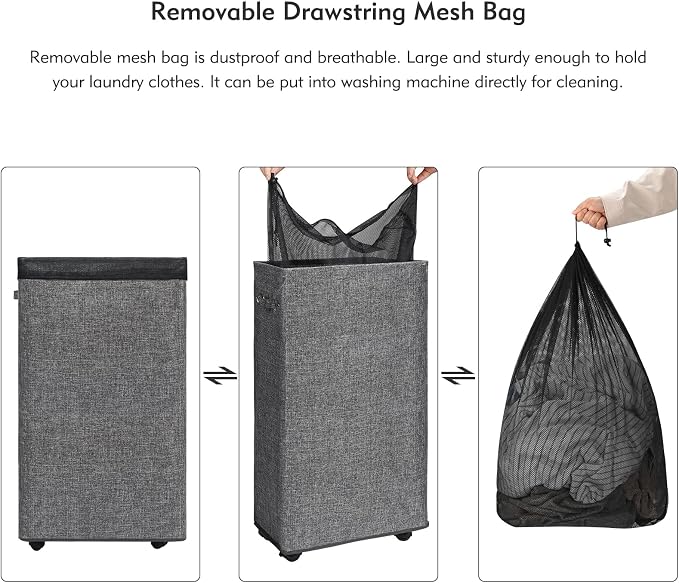 DOKEHOM 29" Enlarged Slim Rolling Laundry Basket Hamper on Wheels, Grey | Collapsible tall laundry hamper with removable mesh wash bag. Foldable narrow corner clothes storage bin for small spaces - Image 8