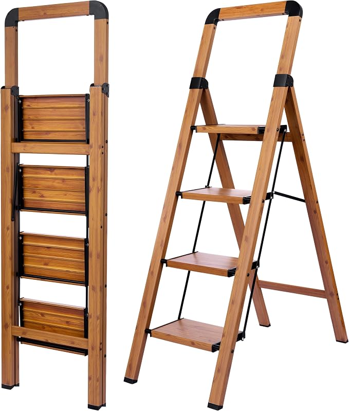Step Ladder 4-Step Woodgrain Finish Aluminum Folding Ladders | Anti-slip Sturdy Foldable Ladder Step Stool for Kitchen Home Office Libaray by BIBKOKE
