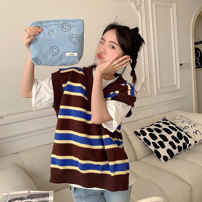 Cosmetic Bags for Women - Corduroy Cosmetic Bag Aesthetic Women Handbags Purses Smile Dots Makeup Organizer Storage Makeup Bag Girls Case Bags (A-Blue) - Image 4
