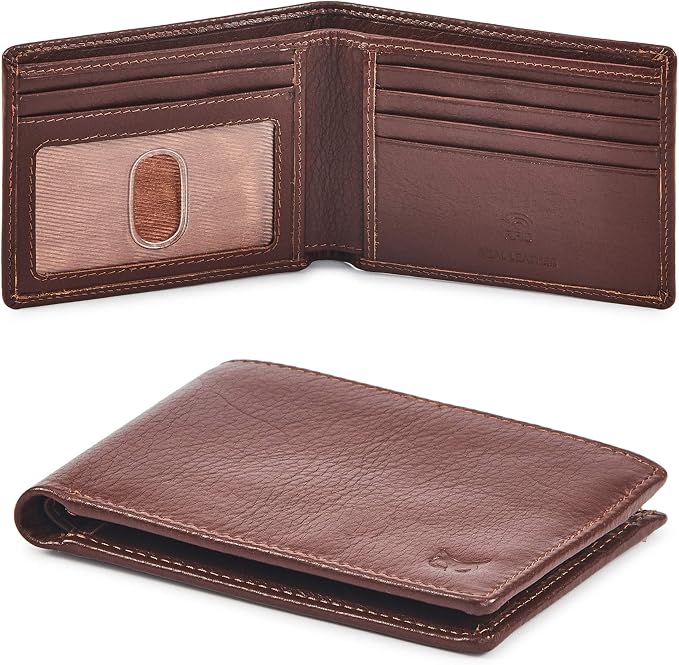 Real Leather Mens Bifold Wallet RFID Blocking Slim Minimalist Front Pocket - Thin & Stylish with ID Window in Gift Box (Nappa, Cognac) by WiseOwlAccessories