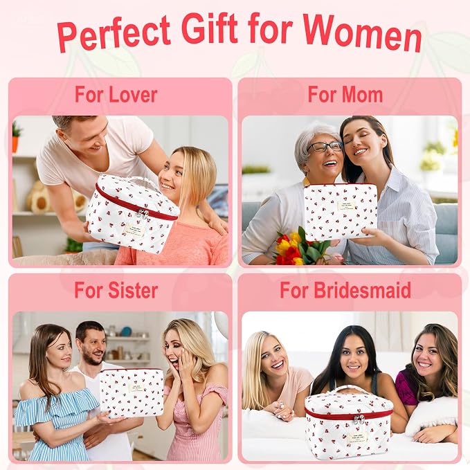 URSKYTOUS 3Pc Cotton Quilted Makeup Bag for Women Extra Large Coquette Small Floral Travel Cosmetic Bag Set Cute Cherry Makeup Pouch Portable Toiletry Bag Organizer Vintage Puffy Essential Storage Bag - Image 5