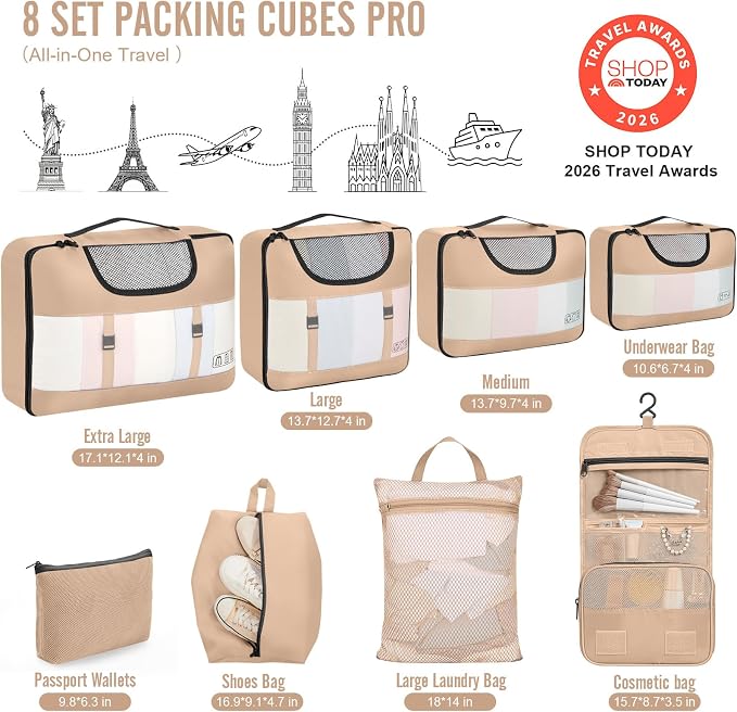 Veken 8 Set Packing Cubes for Travel Essentials, Suitcase Organizer Bags in 4 Sizes, Carry-On Luggage Accessories with Laundry Bag, Airplane Must Have with 99-Count Mesh Holes - Image 2
