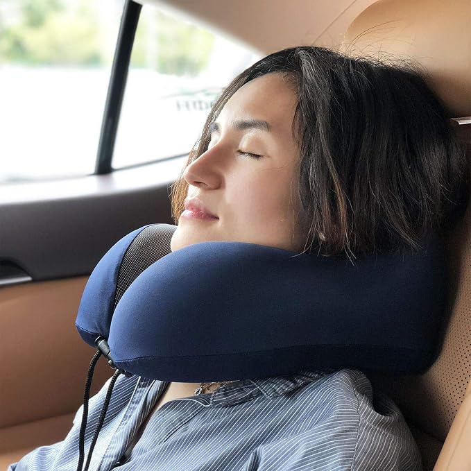 MLVOC Neck Pillow for Traveling, Upgraded 100% Pure Memory Foam Travel Neck Pillow for Airplane Flight Sleep, Breathable & Machine Washable Cover, Travel Kit with 3D Eye Mask, Earplugs & Bag, Blue | memor foam - Image 6