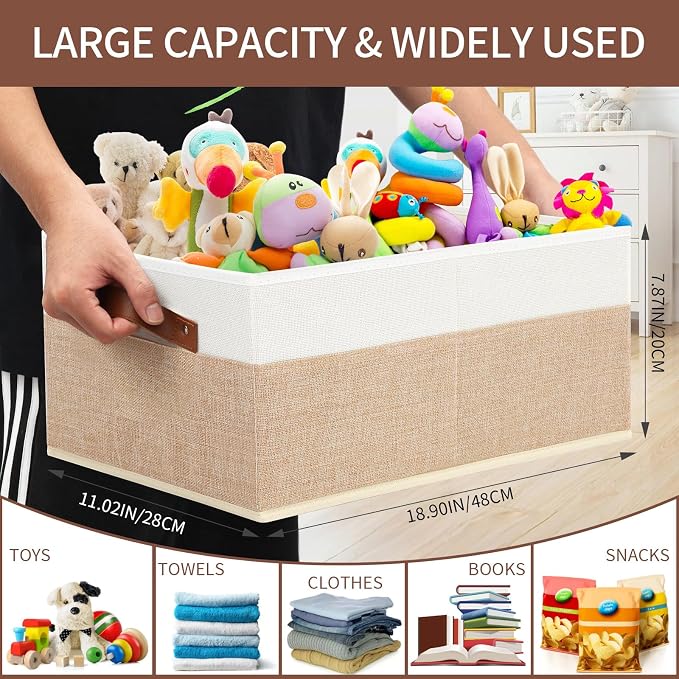 6 Pack Fabric Storage Bins, Large Storage Baskets for Shelves | Foldable Closet Organizer Storage Boxes with Leather Handles for Clothes, Sheets, Jeans, Toys, Books (Beige and White) - Image 3